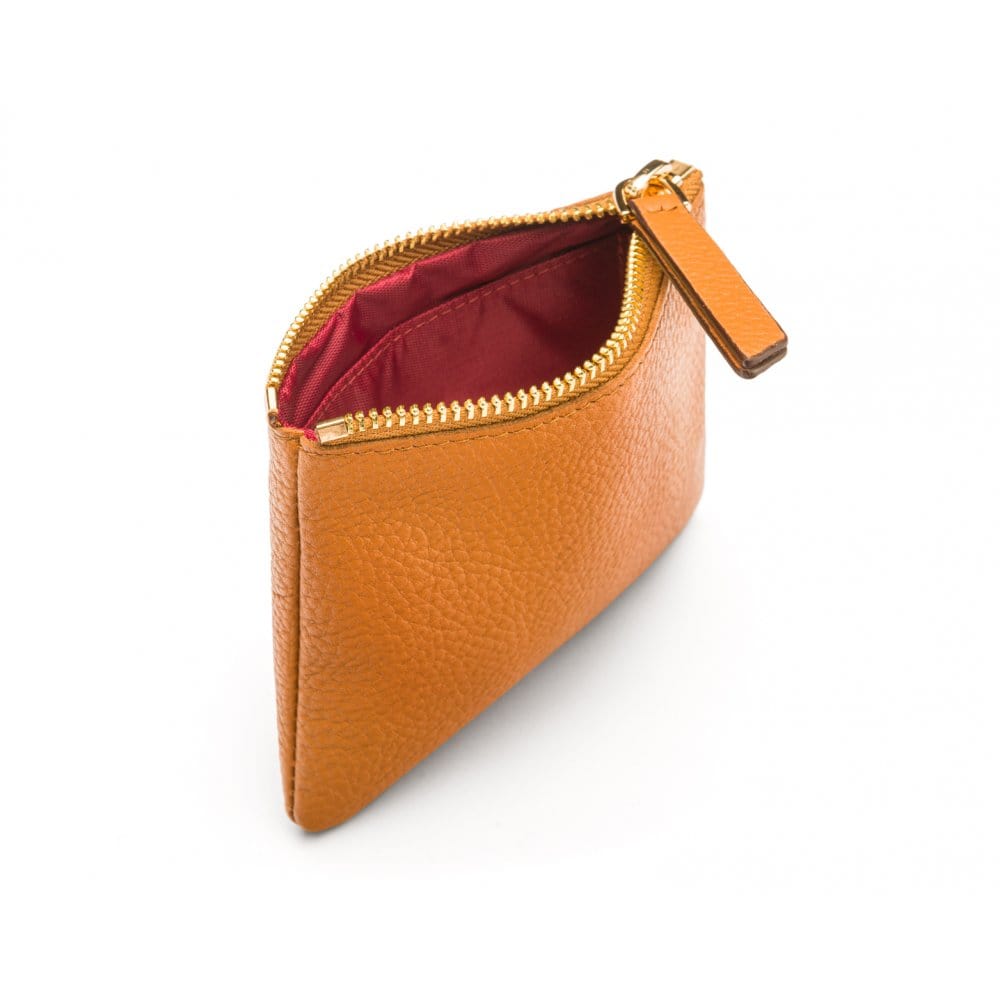 Small leather makeup bag, tan, open