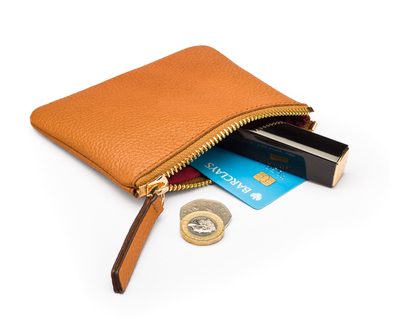 Small leather makeup bag, tan, open