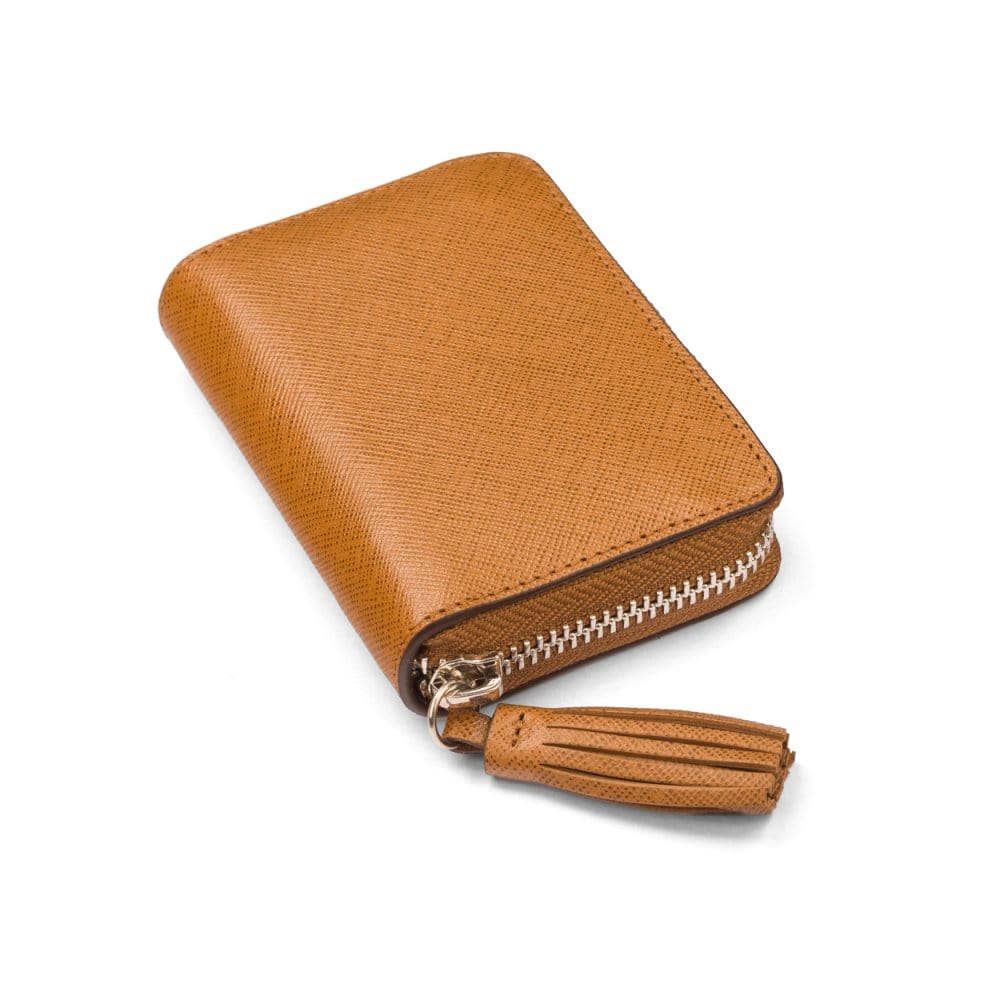 Tan Saffiano Zip Around Accordion Coin Purse With Tassel