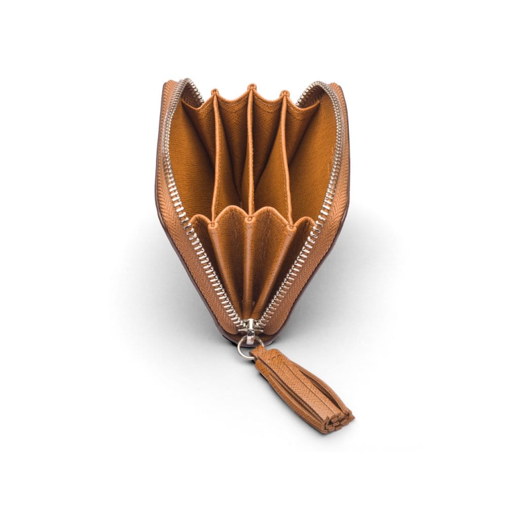 Tan Saffiano Zip Around Accordion Coin Purse With Tassel