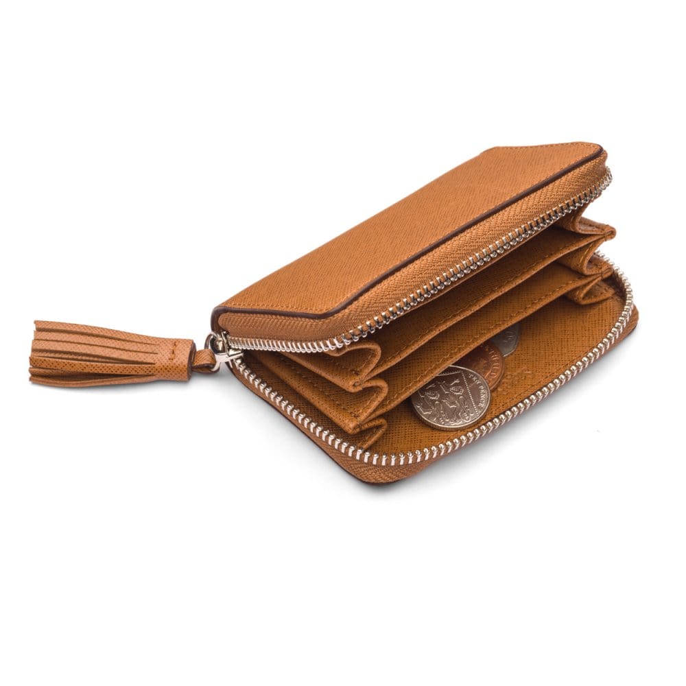 Tan Saffiano Zip Around Accordion Coin Purse With Tassel