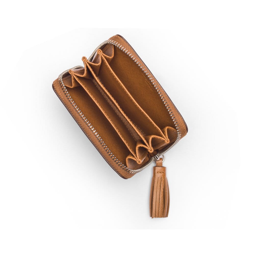 Tan Saffiano Zip Around Accordion Coin Purse With Tassel
