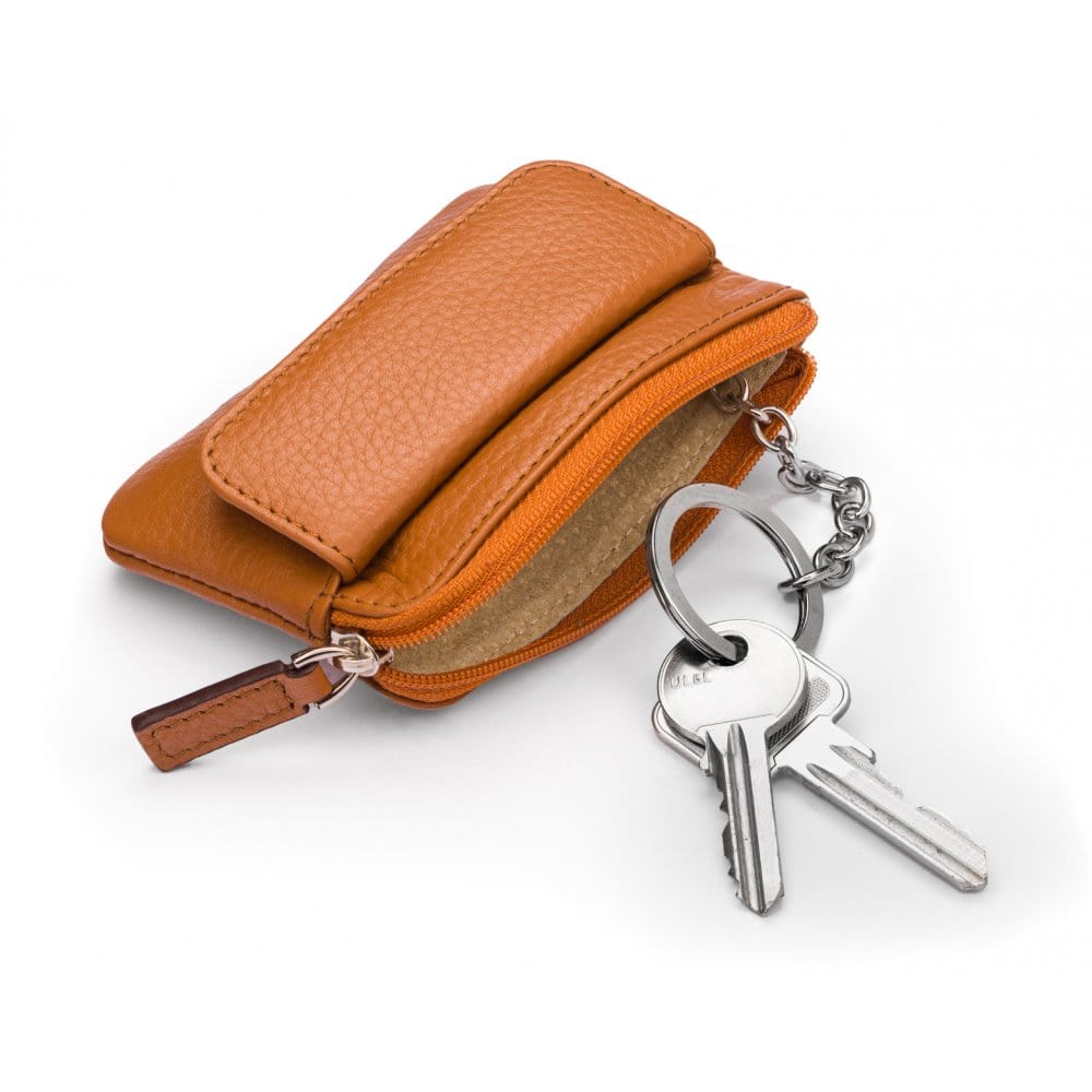 Small leather zip coin purse, tan, inside