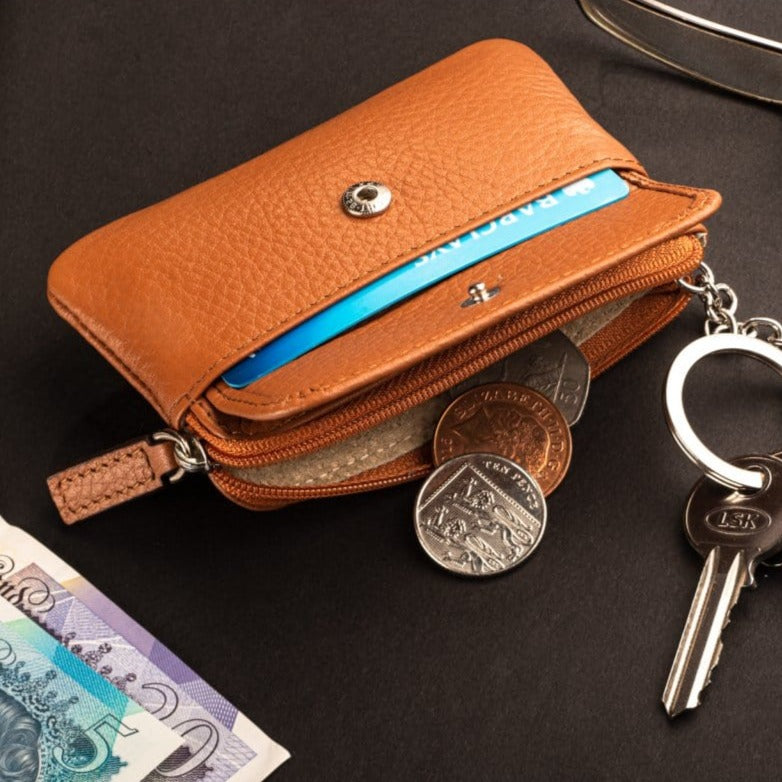 Small leather zip coin purse, tan, lifestyle