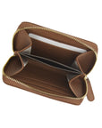 Small leather zip around coin purse, tan, open