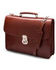 Leather briefcase with silver brass lock, Harvard vintage look, tan, side