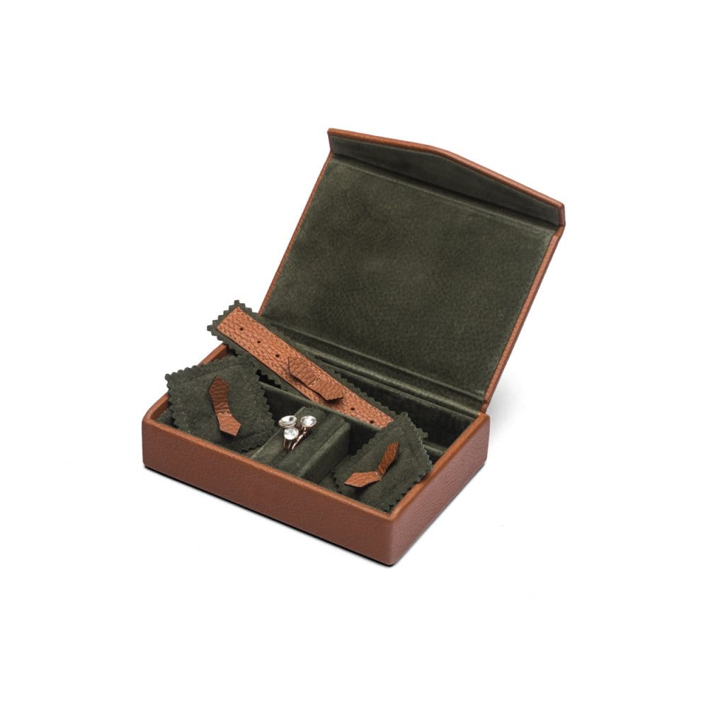 Luxury leather jewellery box, tan, open