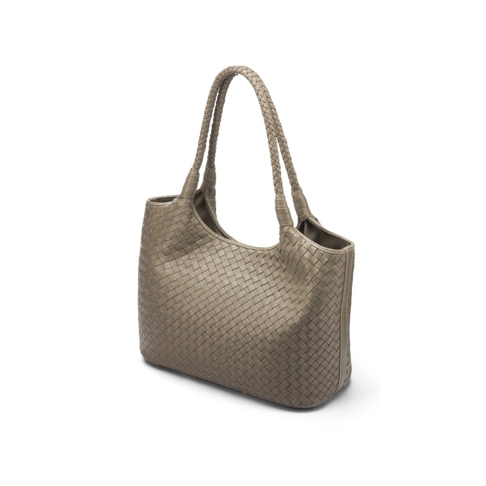 Woven leather shoulder bag, taupe, side