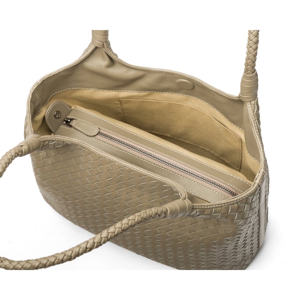 Woven leather shoulder bag, taupe, inside