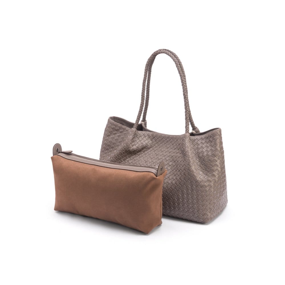 Woven leather slouchy bag, taupe, front, inner bag removed