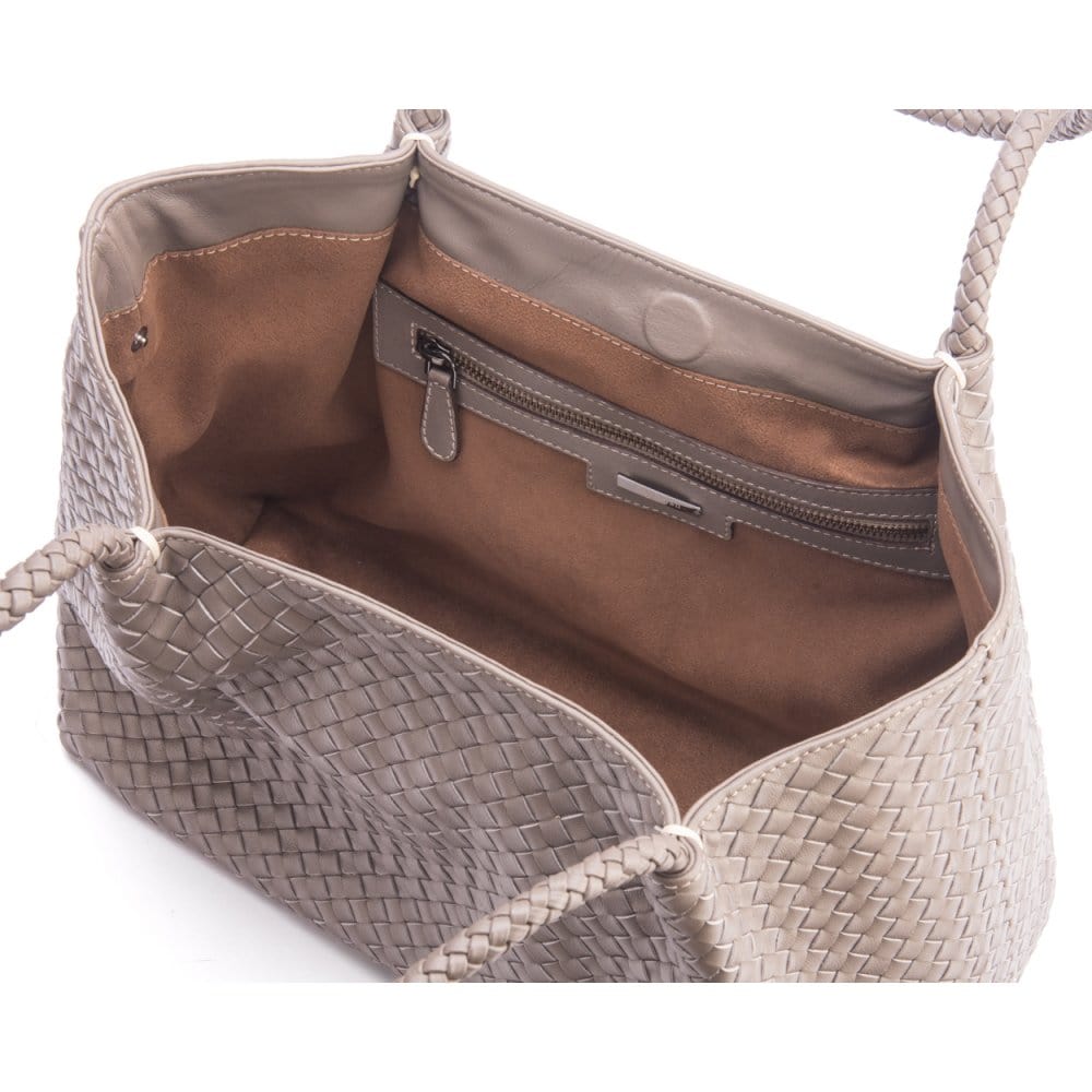 Woven leather slouchy bag, taupe, front, without inner bag