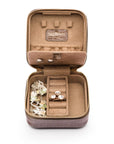 Leather travel jewellery case with zip, taupe croc, open view