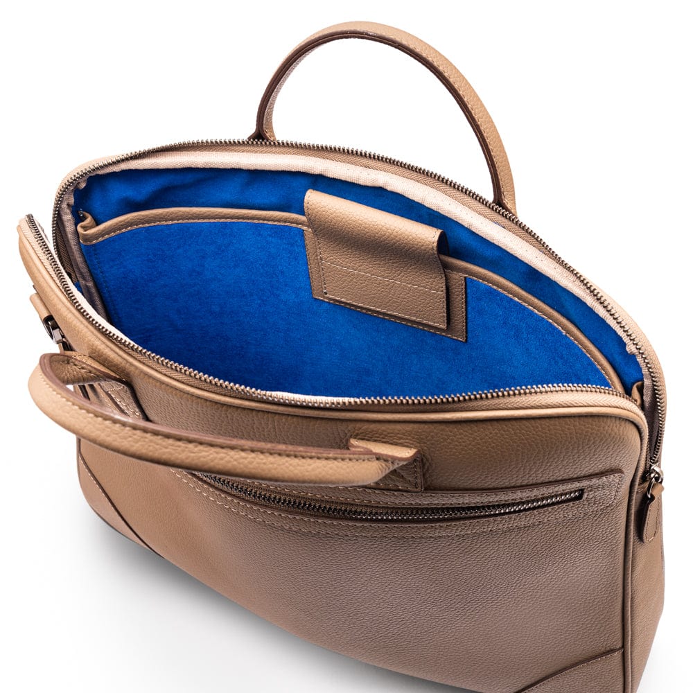 16"  slim leather laptop bag, taupe, inside view