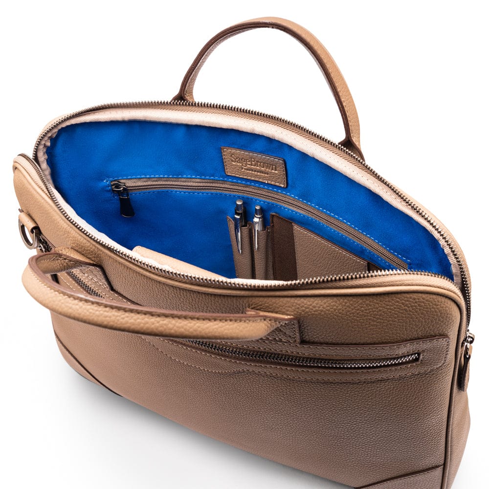 16"  slim leather laptop bag, taupe, open view