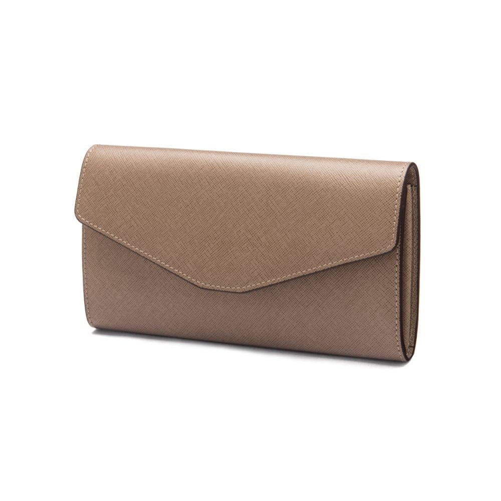 Leather accordion clutch purse with 12 card slots, taupe saffiano, front