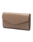 Leather accordion clutch purse with 12 card slots, taupe saffiano, front