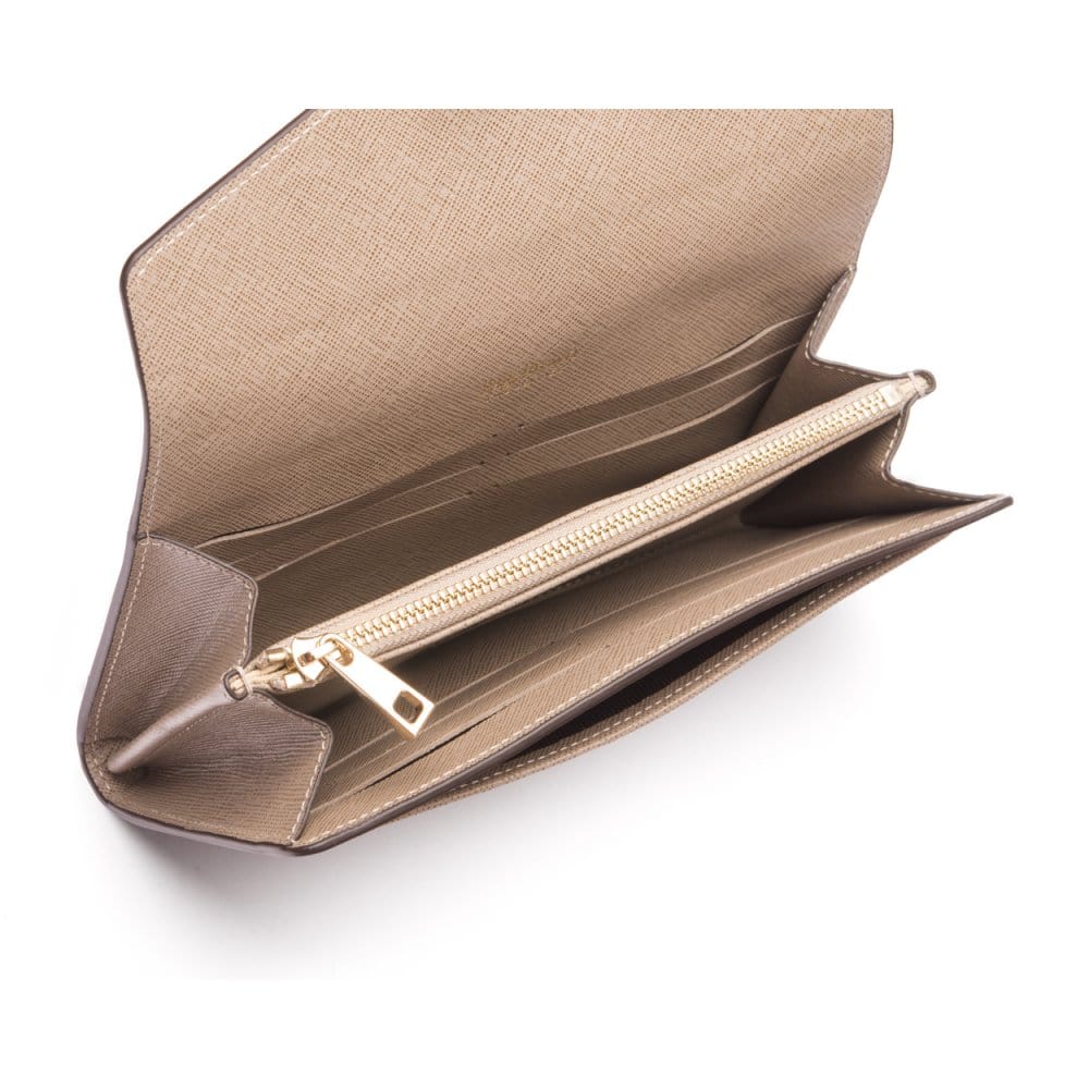 Leather accordion clutch purse with 12 card slots, taupe saffiano, inside
