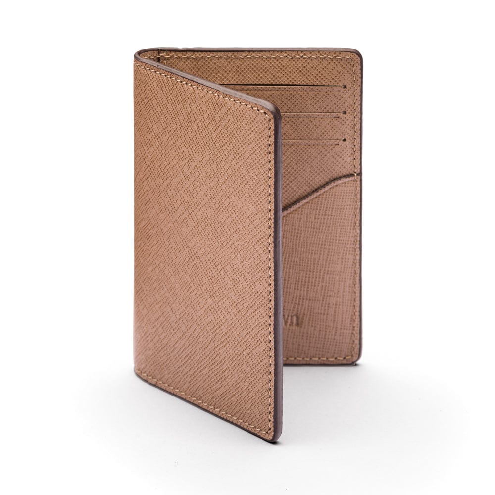 RFID bifold credit card holder, taupe saffiano, front view