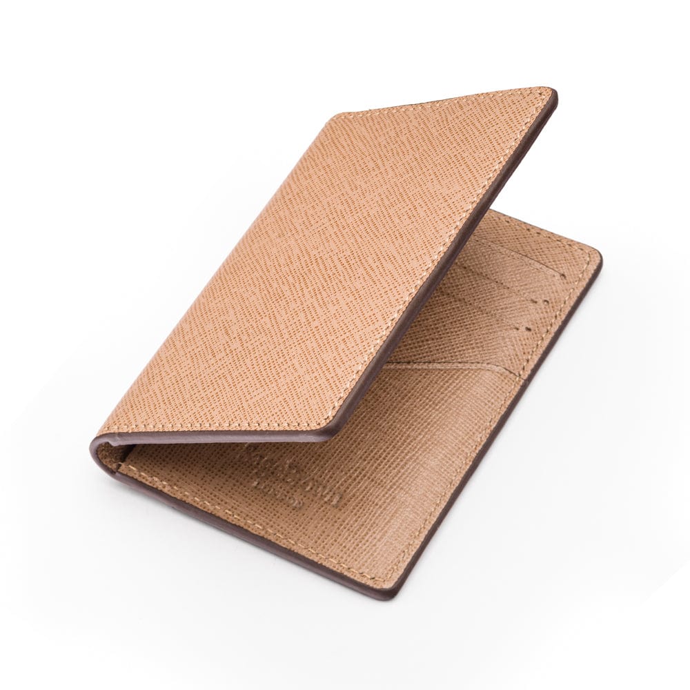 RFID bifold credit card holder, taupe saffiano, open view