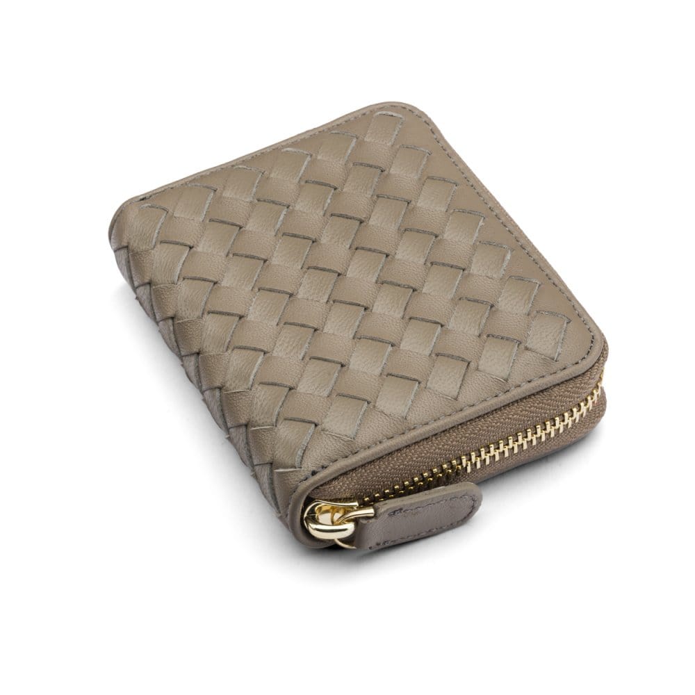 Small zip around woven leather accordion purse, taupe, front