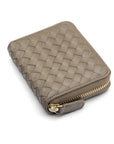 Small zip around woven leather accordion purse, taupe, front