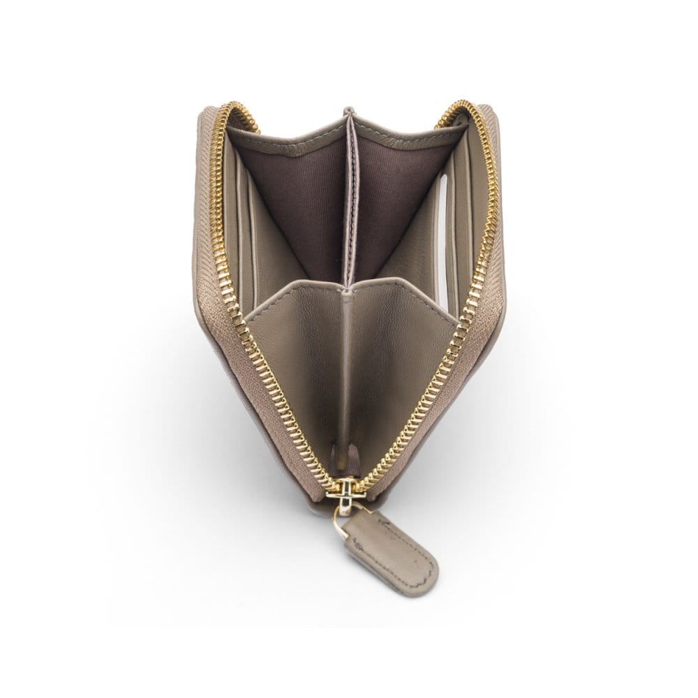 Small zip around woven leather accordion purse, taupe, open