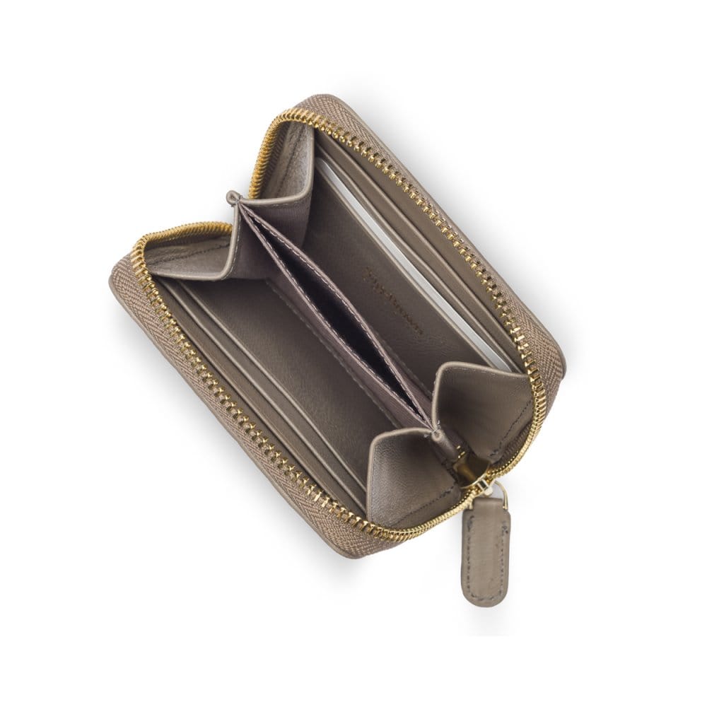 Small zip around woven leather accordion purse, taupe, interior