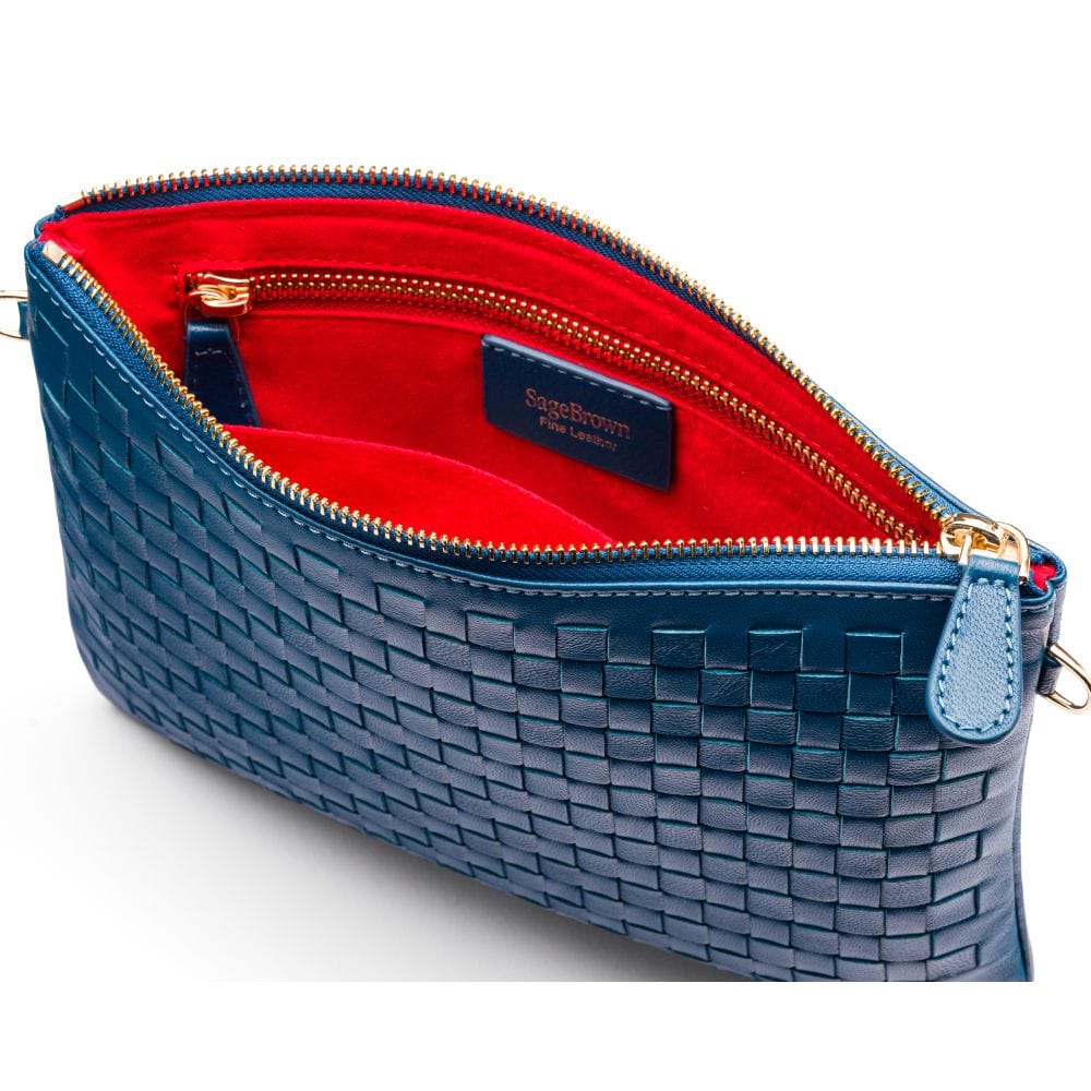 Leather woven cross body bag, teal, inside