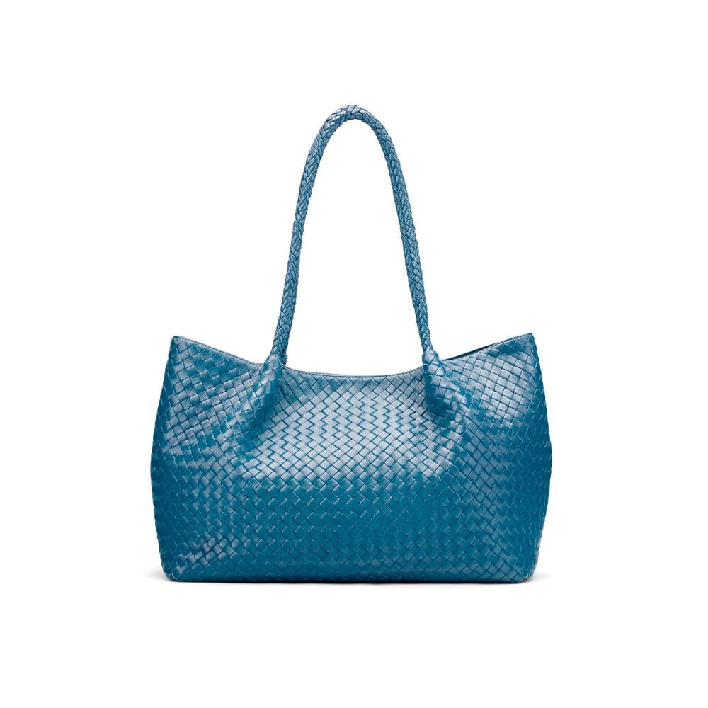 Woven leather large tote, turquoise, front view