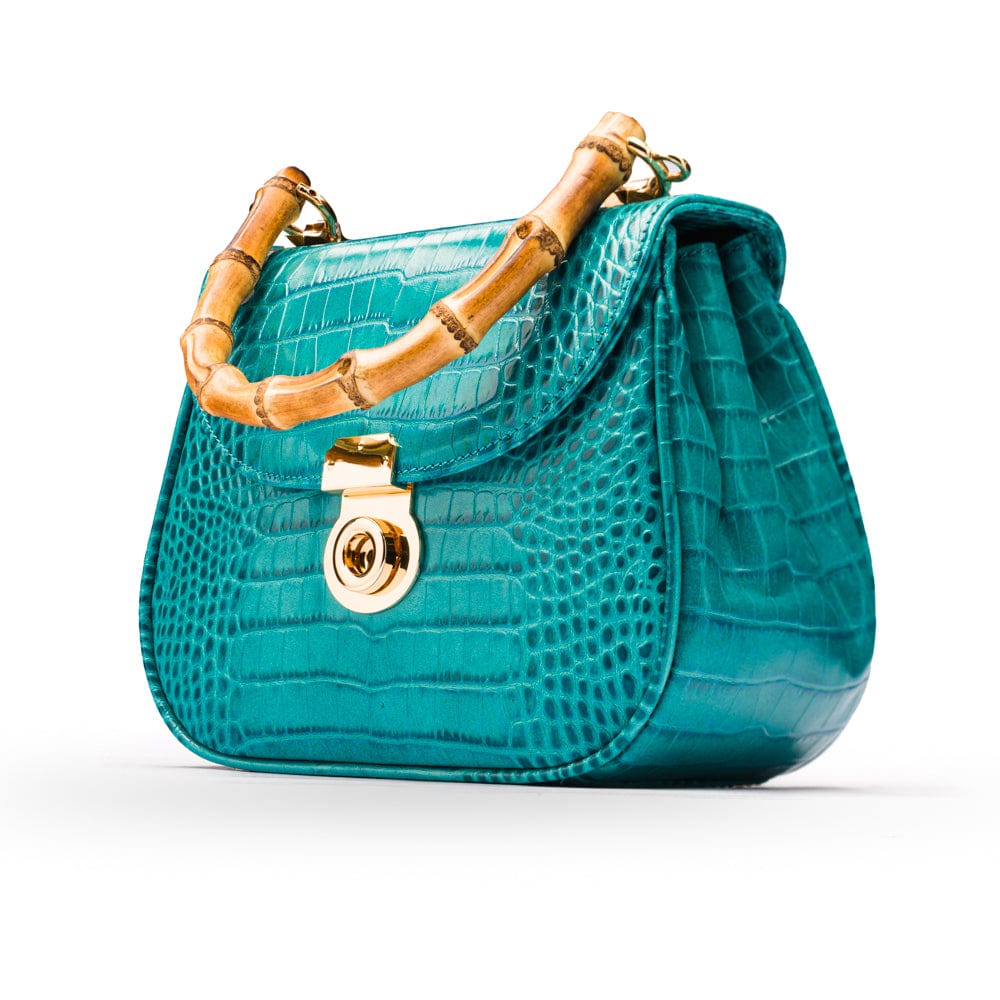 Bamboo handle bag, turquoise croc, side view