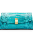 Leather clutch bag, turquoise croc, front view