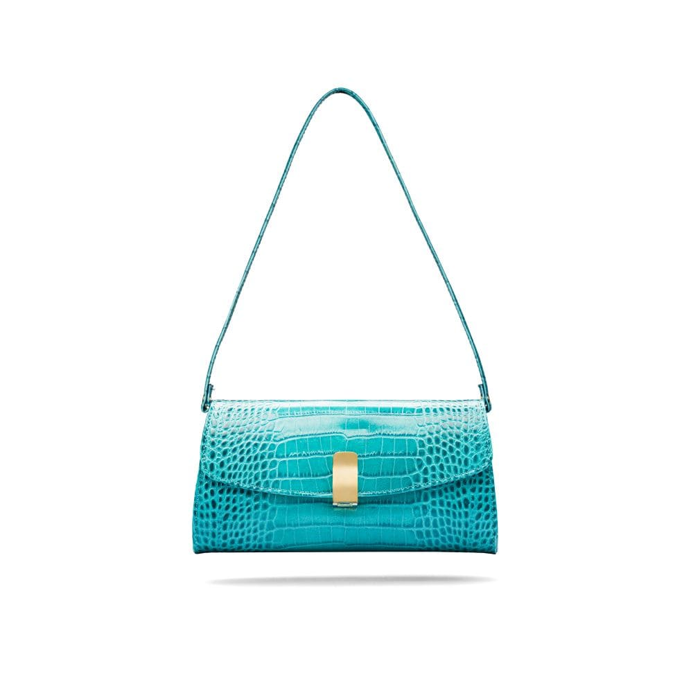 Leather clutch bag, turquoise croc, short strap