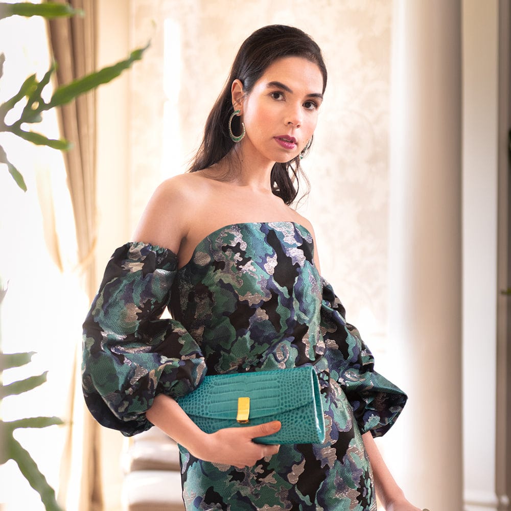 Leather Clutch Bag, Melanie Turquoise Croc Effect