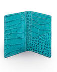 Leather card holder with RFID protection, turquoise croc, open