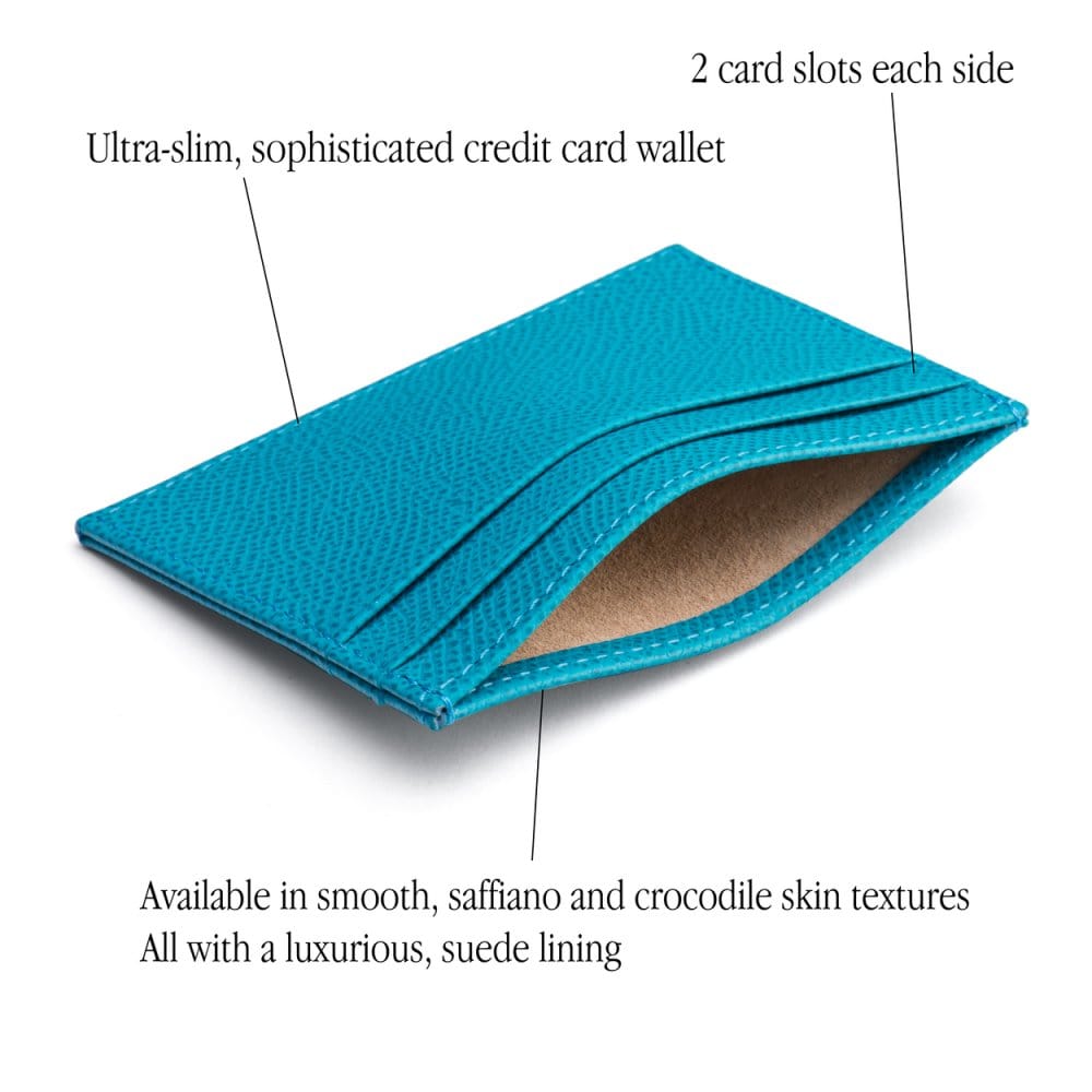 Flat leather credit card wallet 4 CC, turquoise, features