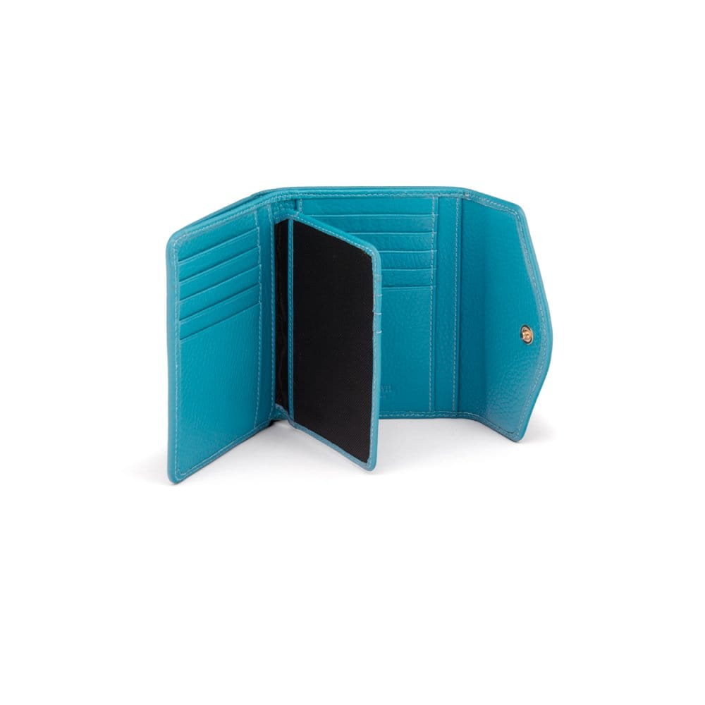 Large leather purse with 15 CC, turquoise, inside