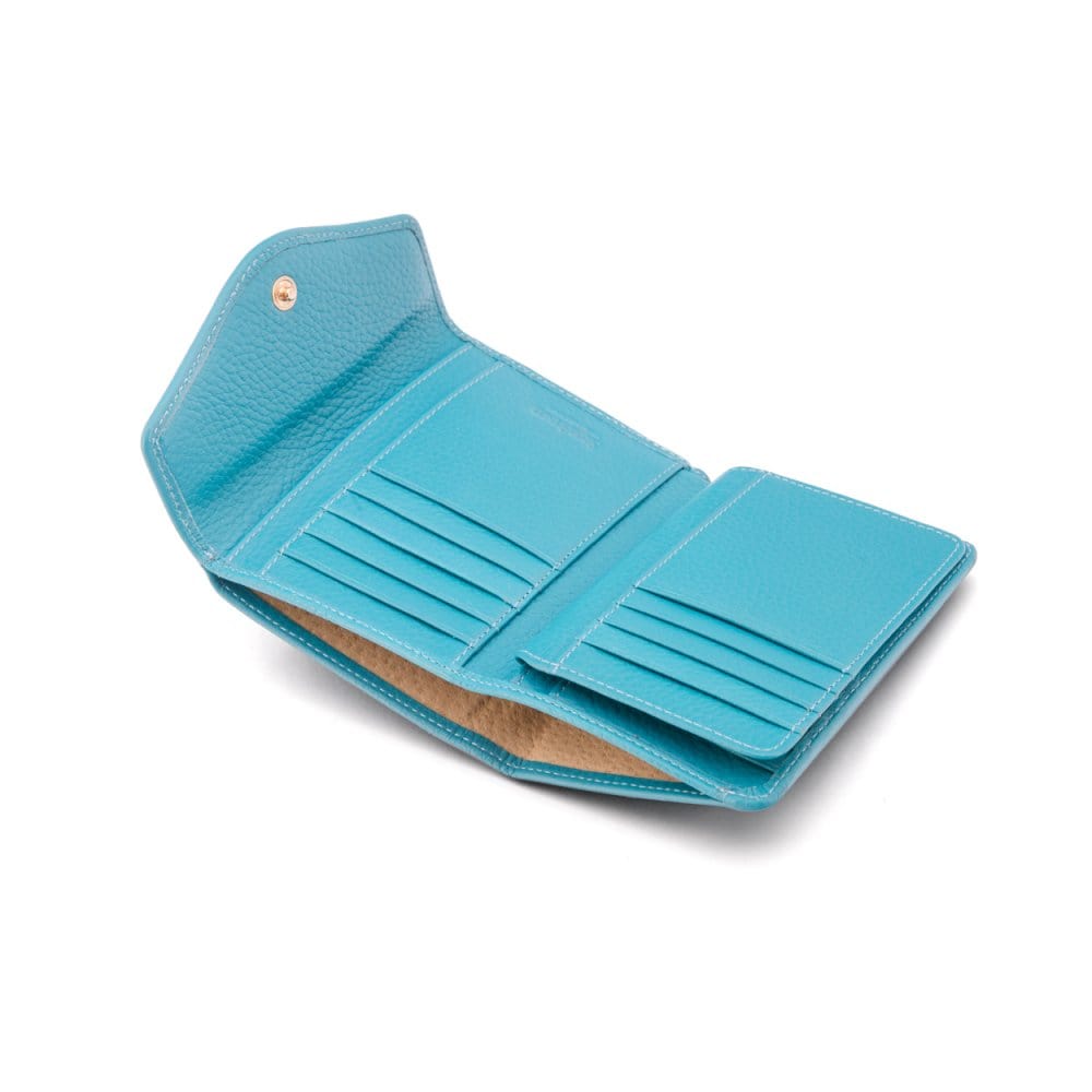 Large leather purse with 15 CC, turquoise, open