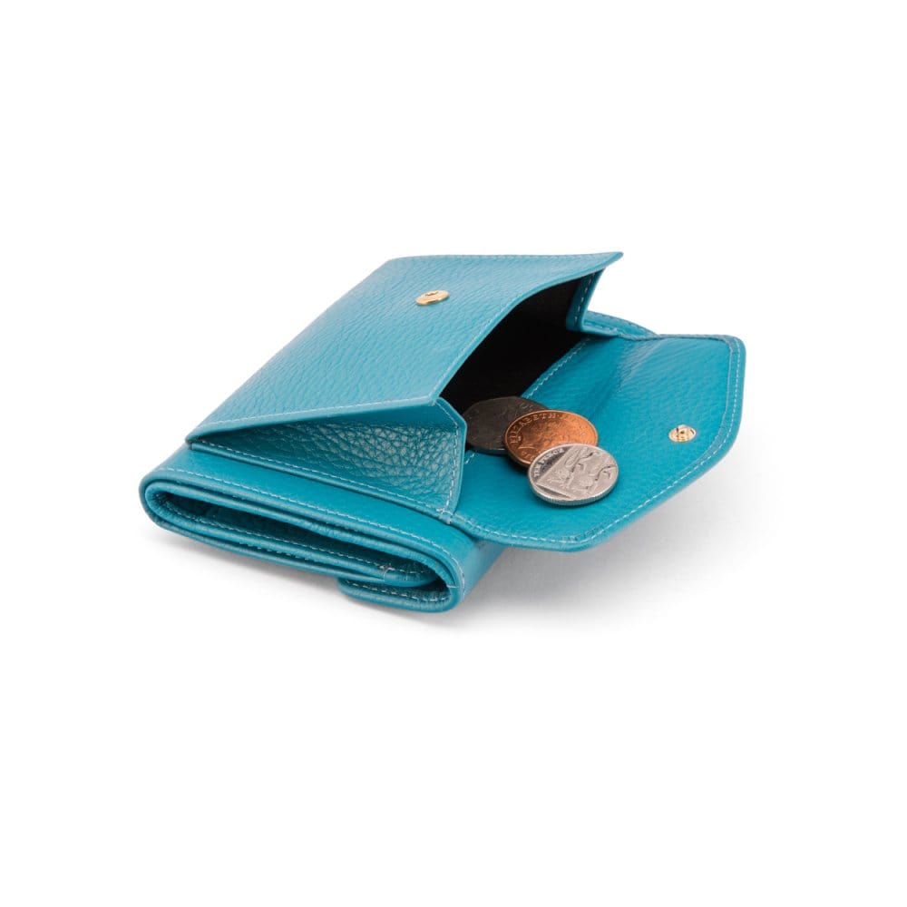 Large leather purse with 15 CC, turquoise, back