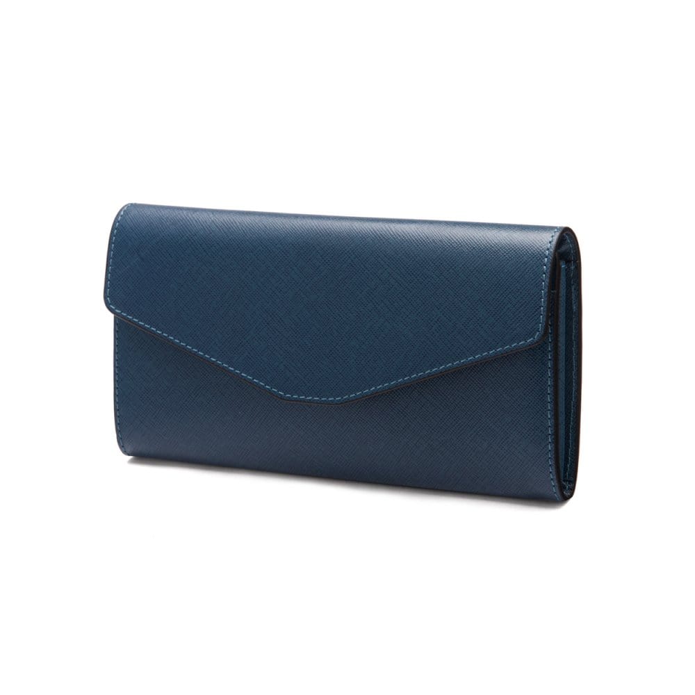 Leather accordion clutch purse with 12 card slots, turquoise saffiano, front