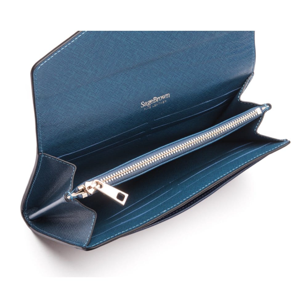 Leather accordion clutch purse with 12 card slots, turquoise saffiano, inside