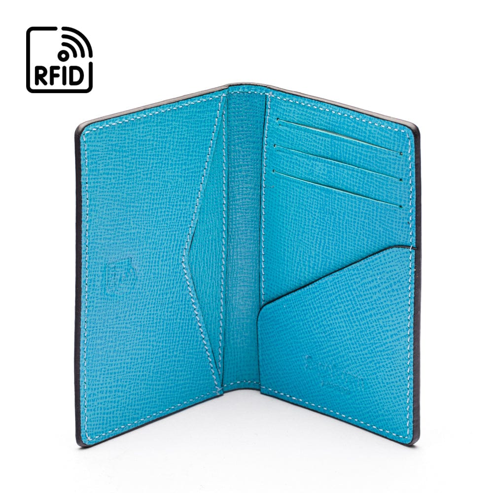 RFID bifold credit card holder, turquoise saffiano, inside view