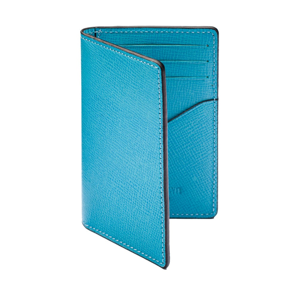 RFID bifold credit card holder, turquoise saffiano, front view