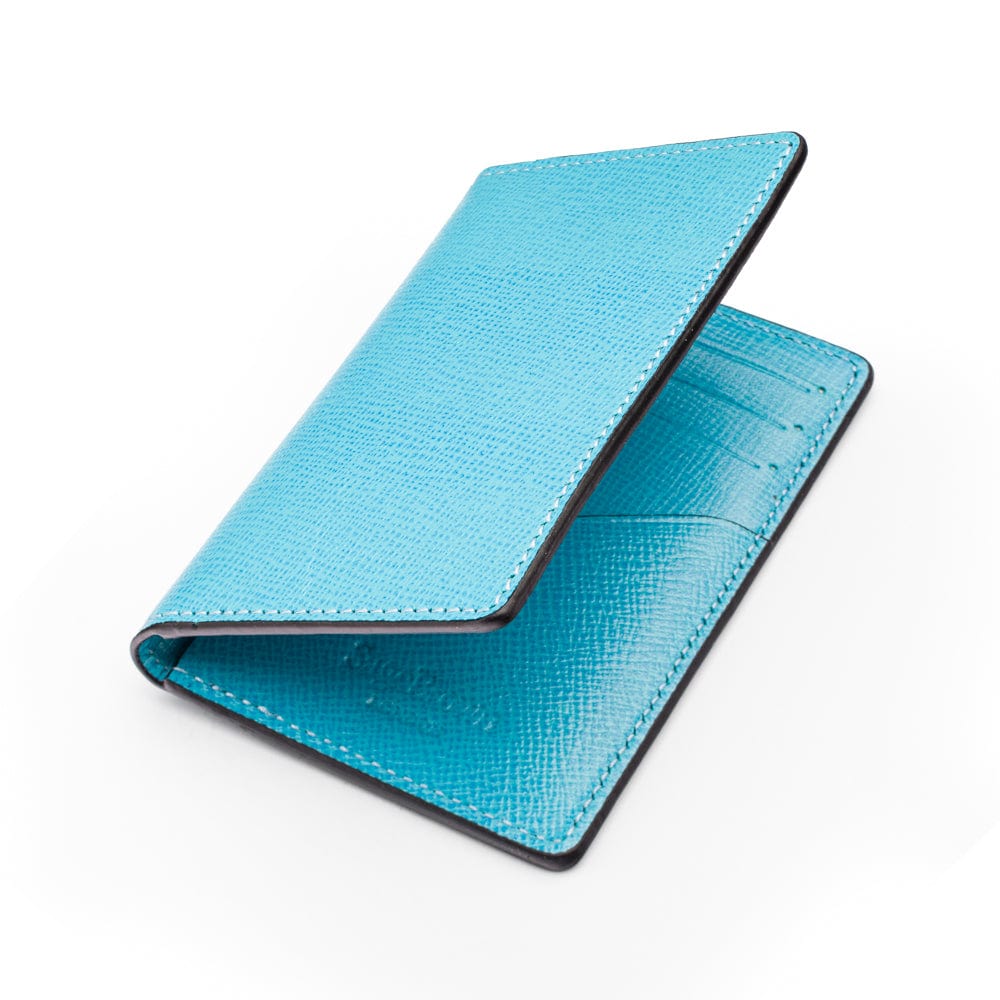 RFID bifold credit card holder, turquoise saffiano, open view
