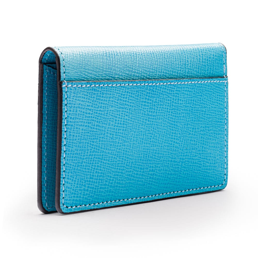 RFID bifold credit card holder, turquoise saffiano, back view
