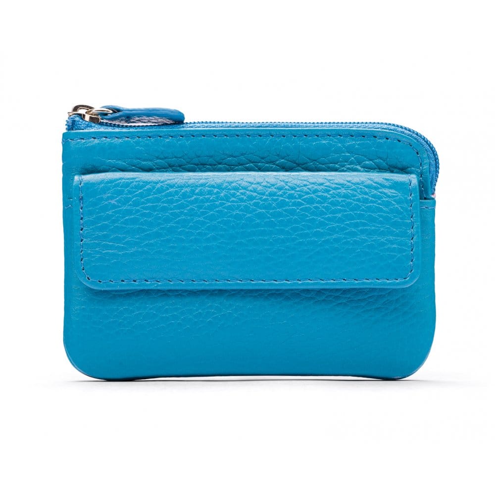 Small leather zip coin purse, turquoise, front
