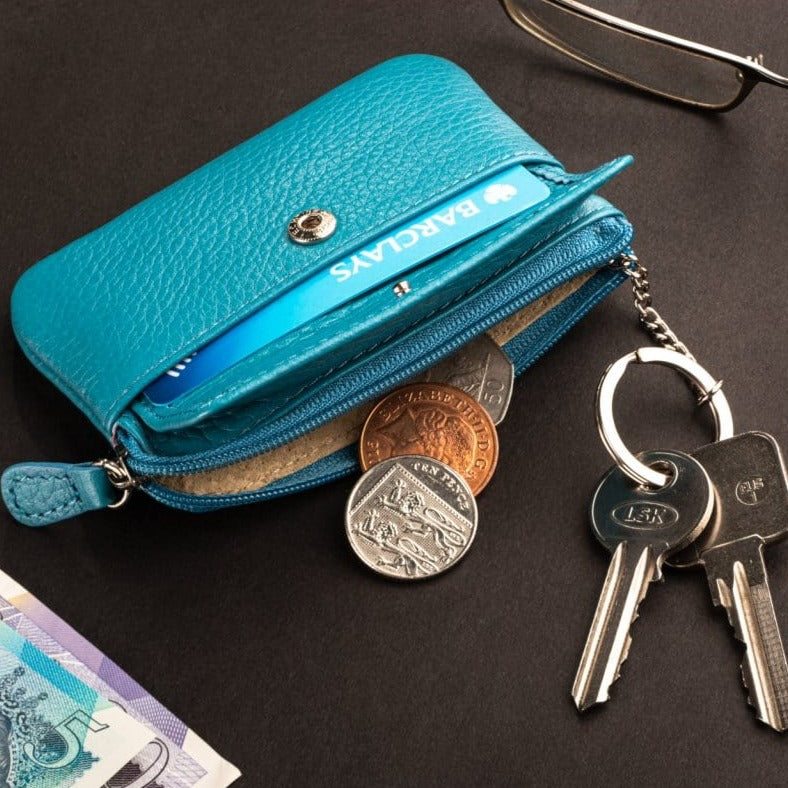 Small leather zip coin purse, turquoise, lifestyle