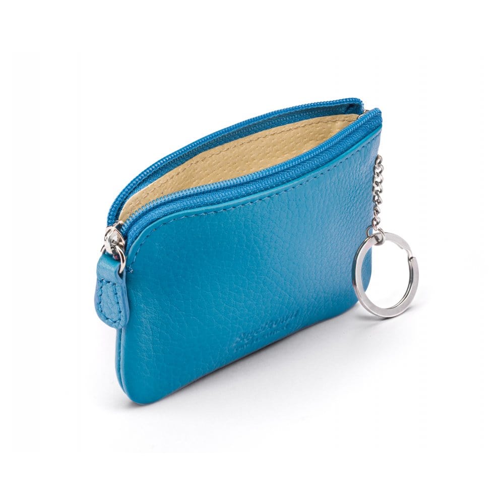 Small leather zip coin purse, turquoise, back