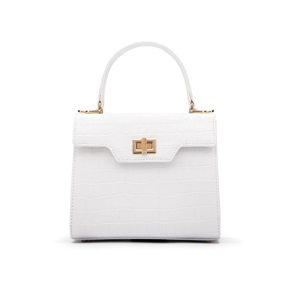 Mini leather Morgan Bag, top handle bag, white croc, front view