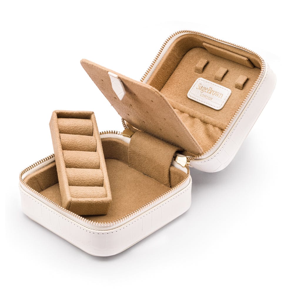 Leather travel jewellery case with zip, white croc, inside view