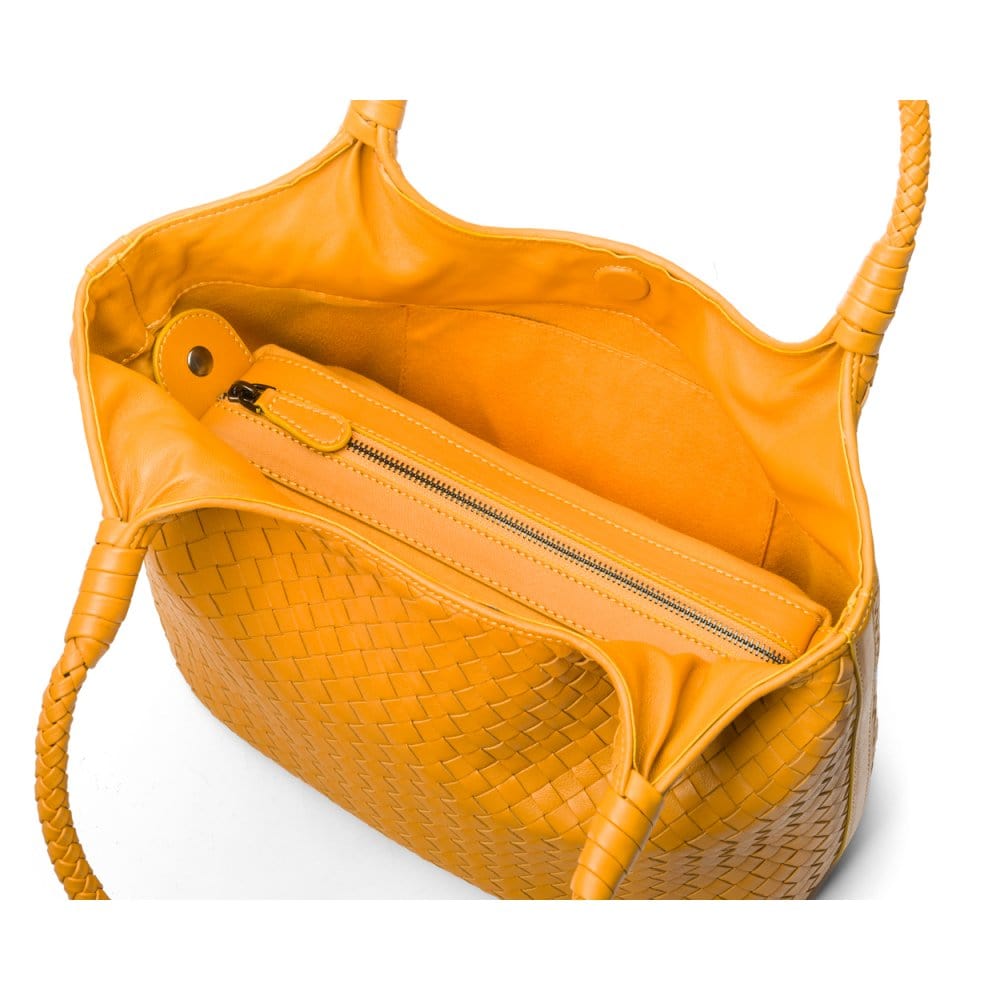 Woven leather shoulder bag, yellow, inside